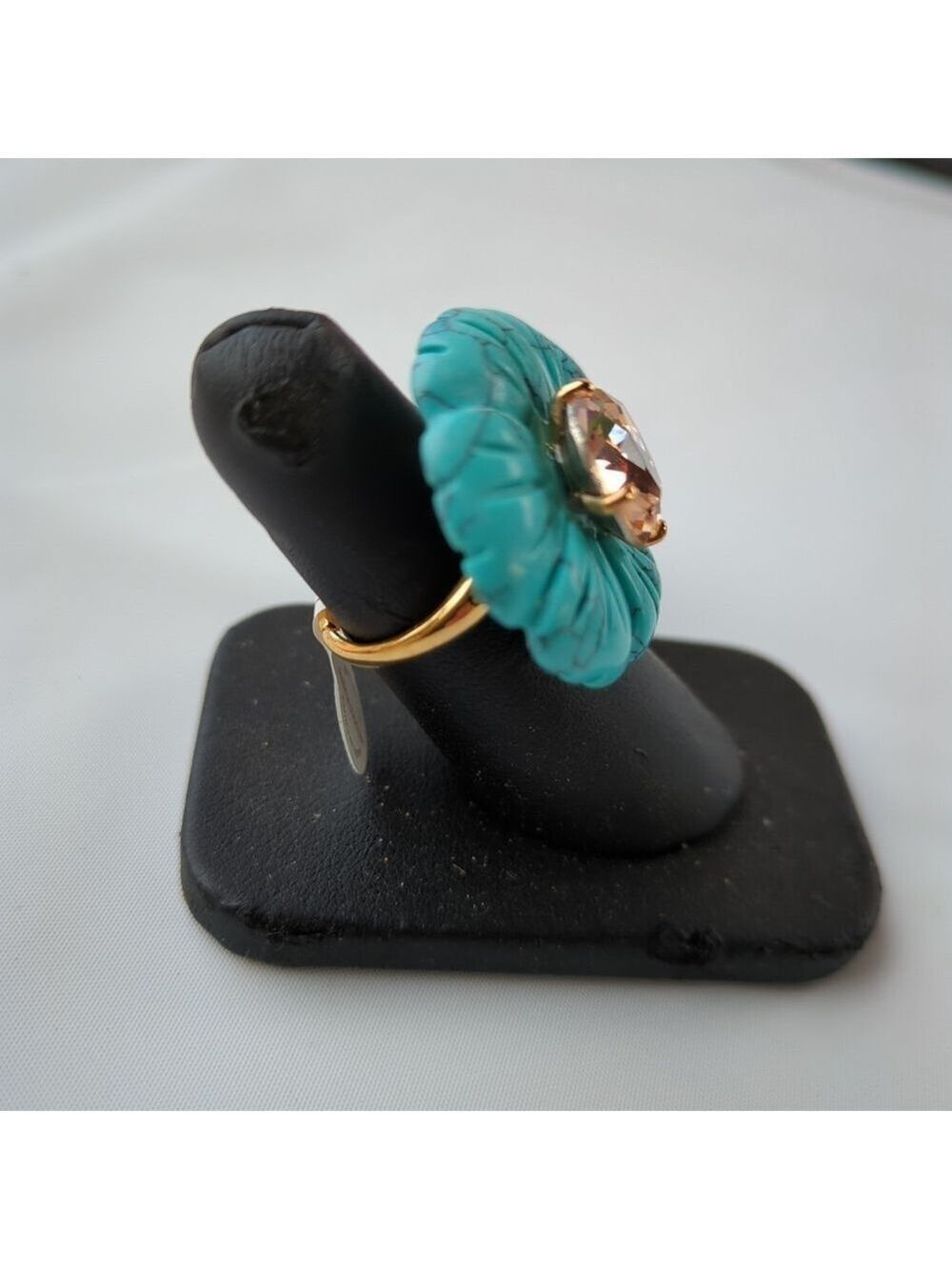 Anthropology 14k Gold Plated Floral Stone Ring Turquoise With Pink Crystal.  OS - Picture 6 of 7